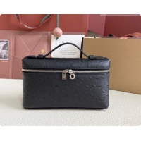 Good Product Loro Piana LP Extra Pocket Pouch L19 in Ostrich Embossed Leather Black/Silver 2026 FAI8393