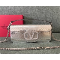 Trendy Design Valentino Medium Loco Shoulder Bag in Snake-embossed Calfskin 1133S Silver 2026