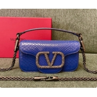 Good Quality Valentino Small Loco Shoulder Bag in Snake-embossed Calfskin 1133S Blue 2026