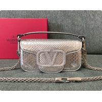 Charming Valentino Small Loco Shoulder Bag in Snake-embossed Calfskin 1133S Silver 2026