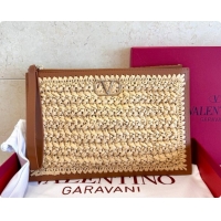 Best Luxury Valentino Straw & Calfskin Clutch 22068 Brown 2026