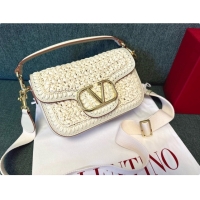 Low Price Valentino Straw & Calfskin Locò VLogo Shoulder Bag 2046 White 2026