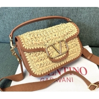 Good Product Valentino Straw & Calfskin Locò VLogo Shoulder Bag 2046 Brown 2026