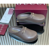 Good Quality Gucci Smooth Leather Flat Mules with Horsebit G92119 Coffee Brown 2026