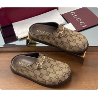 Unique Discount Gucci GG Canvas Flat Mules with Horsebit G92130 Brown/Gold 2026